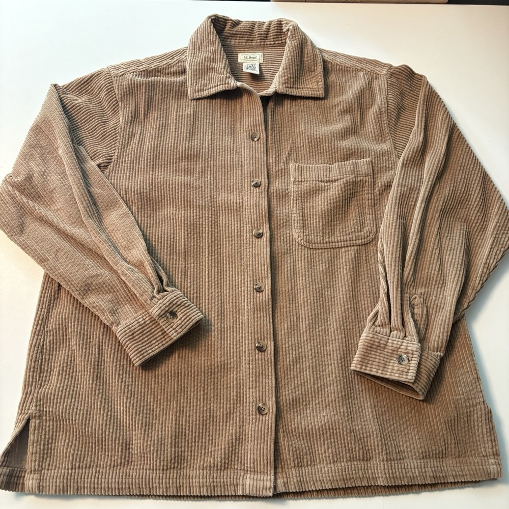 LL Bean Corduroy Shirt Shacket M Petite Tan Wide Whale Button Up Comfort WJ29